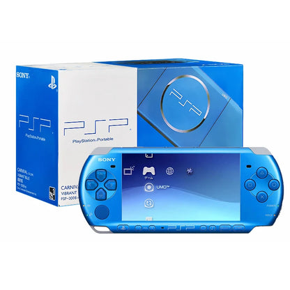 Blue Sony PSP gaming console with packaging on a white background