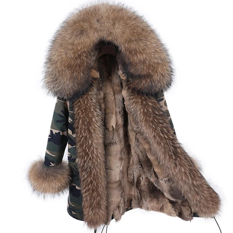Real Raccoon Fox Fur Collar Parka Women's Coat | Vexaroa