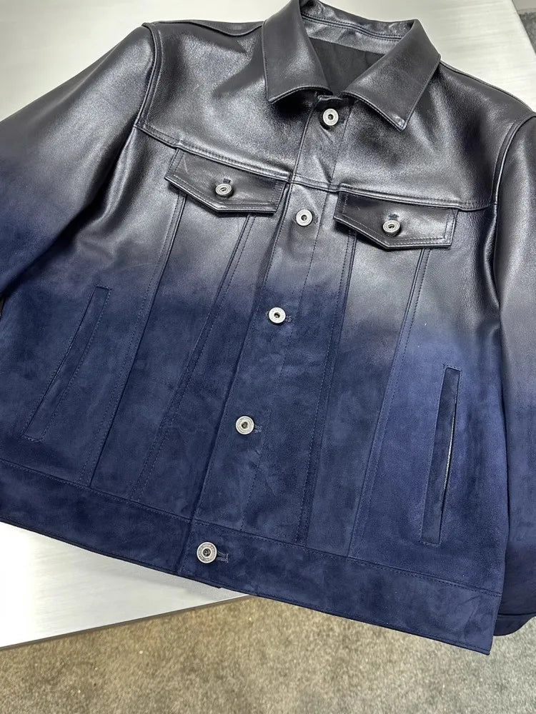 Men's Sheepskin Leather Moto Jacket Gradient | Vexaroa