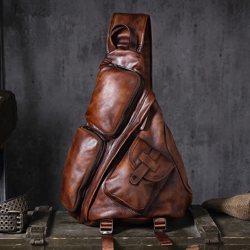 Men's Genuine Leather Triangle Chest Bag | Vintage Shoulder Sling Pack | Vexaroa