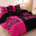 3pcs Couple's King & Queen Printed Duvet Cover Set,Romantic Heart Crown Design, Pink Black Contrast for Sweetness with Elegance