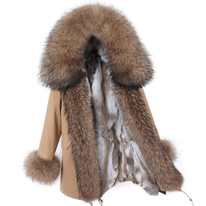 Real Raccoon Fox Fur Collar Parka Women's Coat | Vexaroa