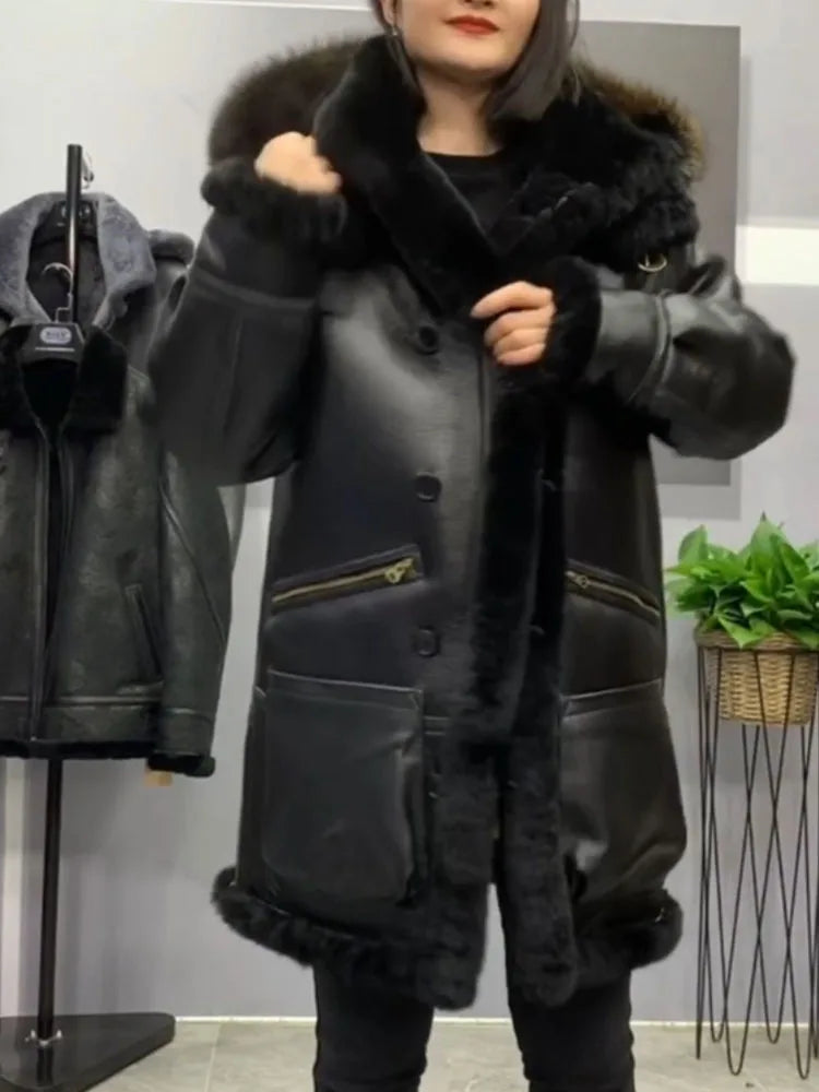 Sheepskin Shearling Coat Men Women Hood Black | Vexaroa
