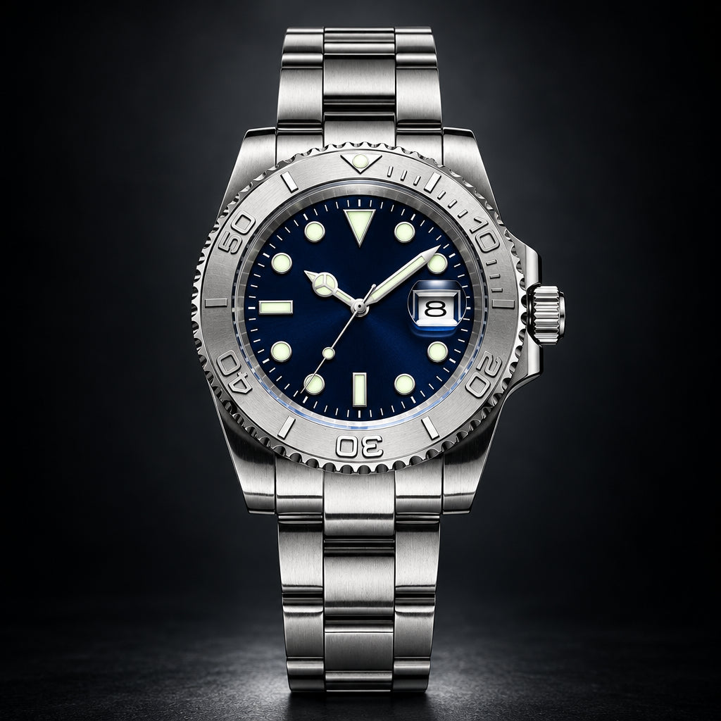 A stainless steel wristwatch with a dark blue dial, blue bezel accent, and silver link bracelet, shown on a plain white background. The brand ADDIESDIVE is visible in the top left corner.