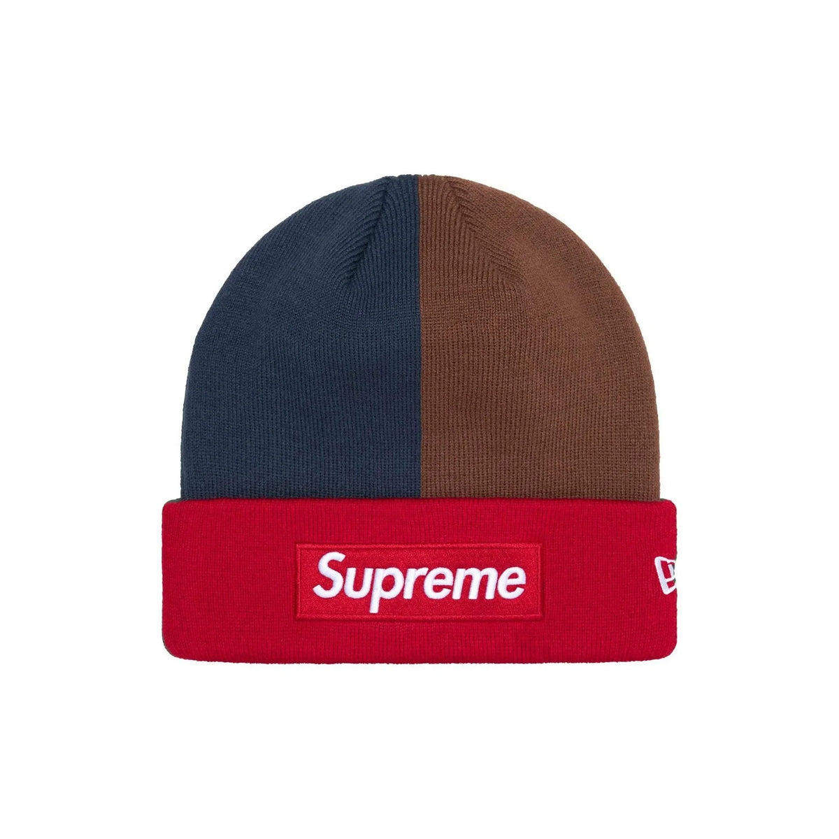 A Supreme New Era split-color beanie hat with a navy blue and brown top, and a red cuff featuring a white Supreme box logo and a small white New Era flag logo.