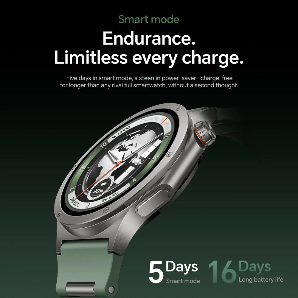 Smartwatch with text highlighting endurance and battery life on a dark background