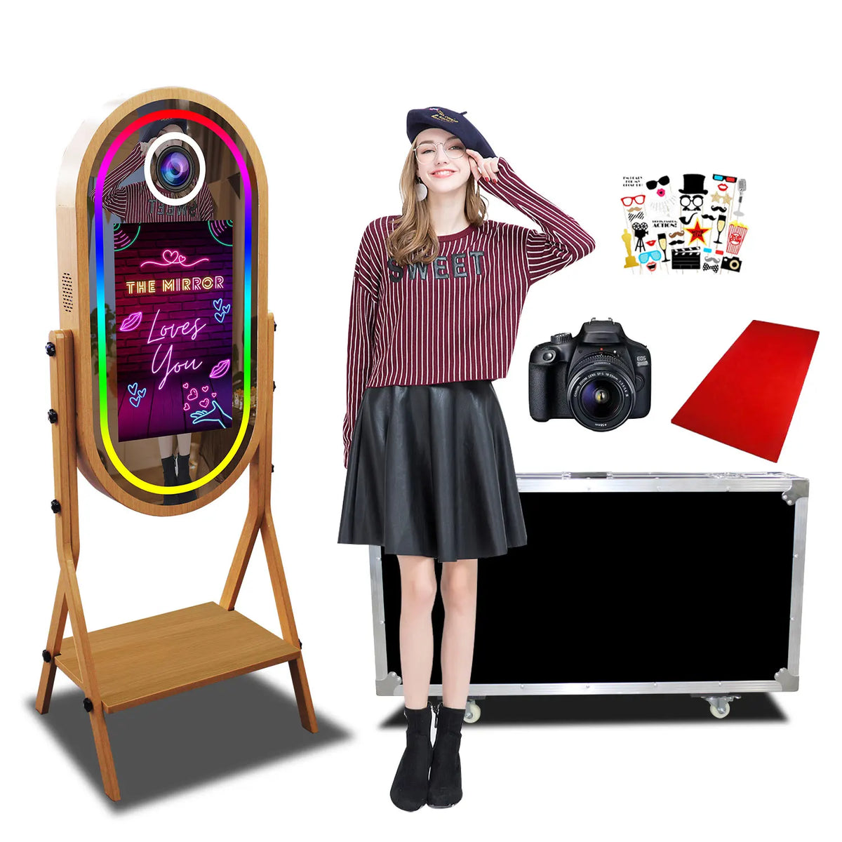 Magic Mirror Photobooth with Imitate Wood Grain Selfie, 21.5 Inch Touch Screen, Selfie DSLR Photo Booth Machine for Sharing
