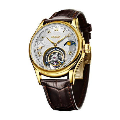 A luxury wristwatch featuring a gold-tone case, a white dial with Roman numeral hour markers, a visible tourbillon, and a dark brown leather strap.