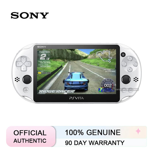 White Sony PlayStation Vita handheld gaming console shown front-on against a white background, with the PS Vita game screen active and a 'SONY' logo above the device. Pink and white promotional badges at the bottom read 'OFFICIAL AUTHENTIC', '100% GENUINE', and '90 DAY WARRANTY'.