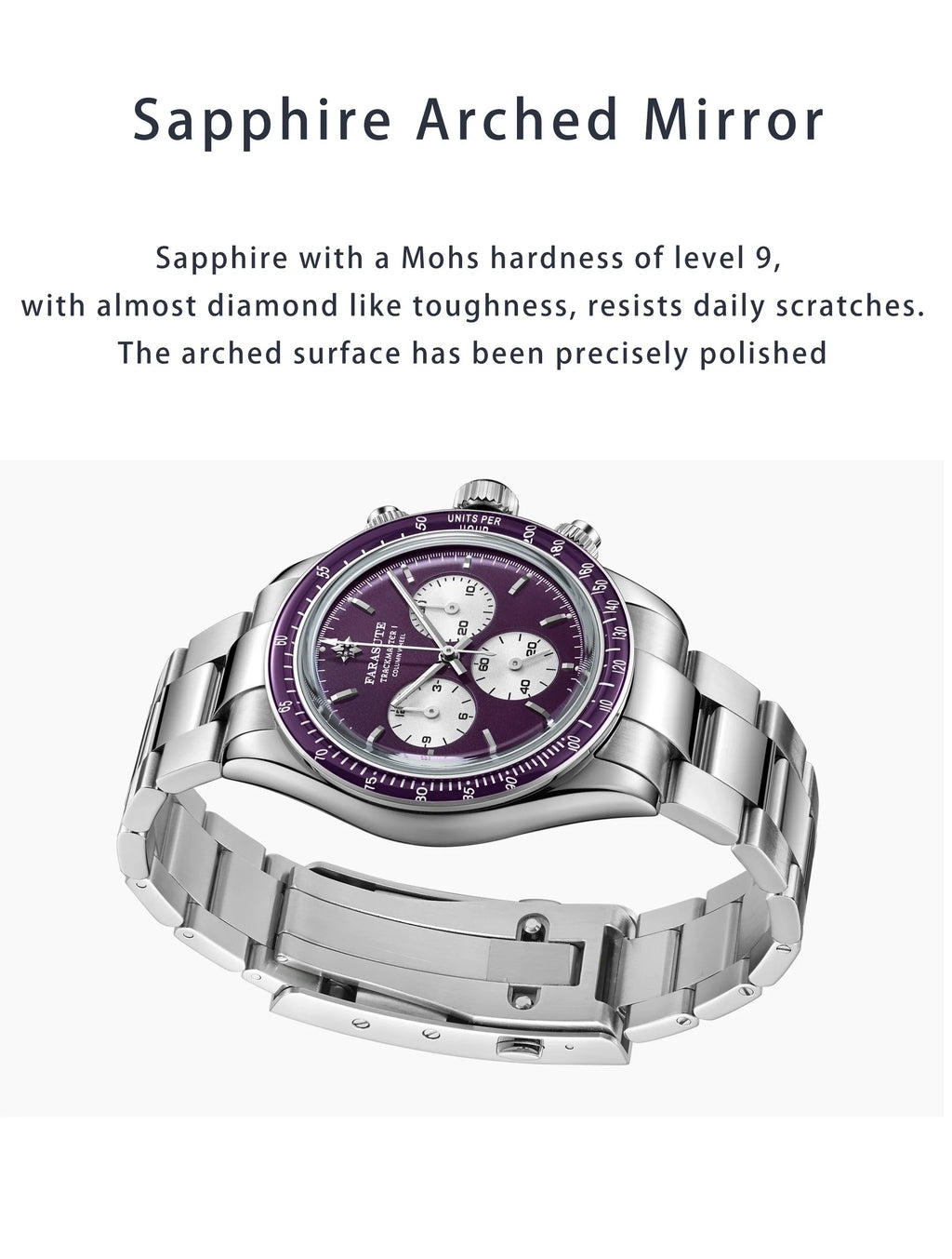 Silver watch with a purple face on a white background
