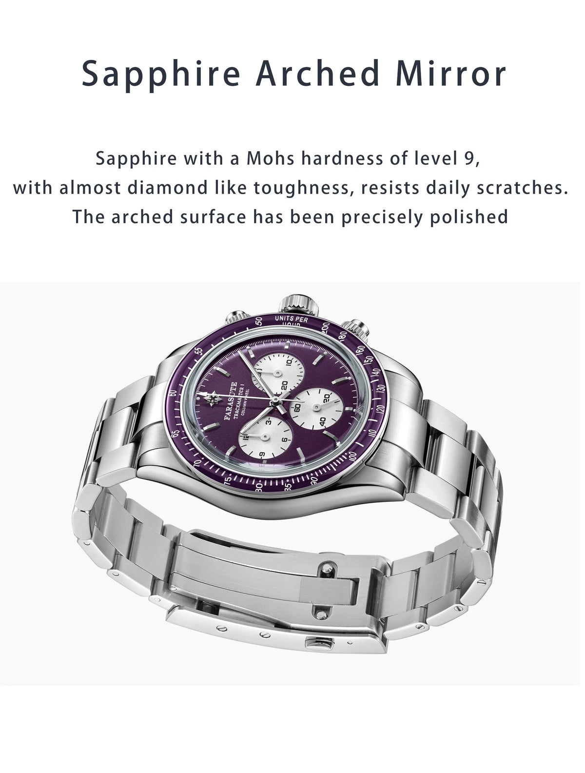 Silver watch with a purple face on a white background