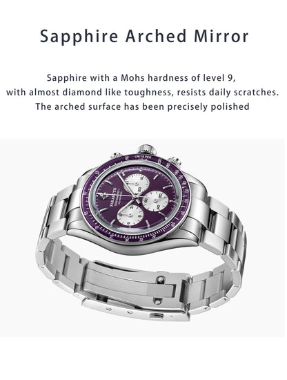 Silver watch with a purple face on a white background