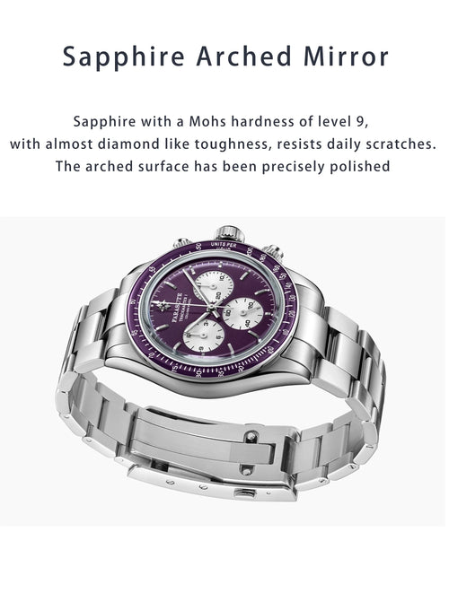 Silver watch with a purple face on a white background
