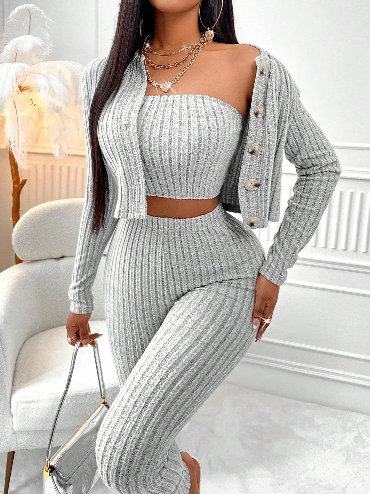 Vexaroa Women's Camisole, Button Jacket & Leggings 3-Piece Set