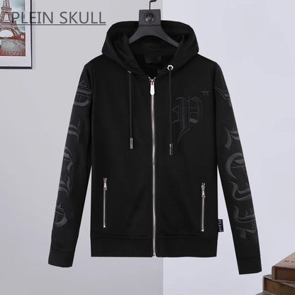 Black hoodie with branding on a light gray background
