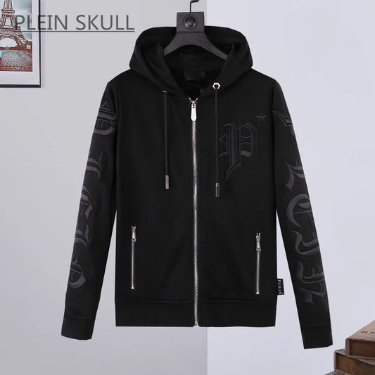 Black hoodie with branding on a light gray background
