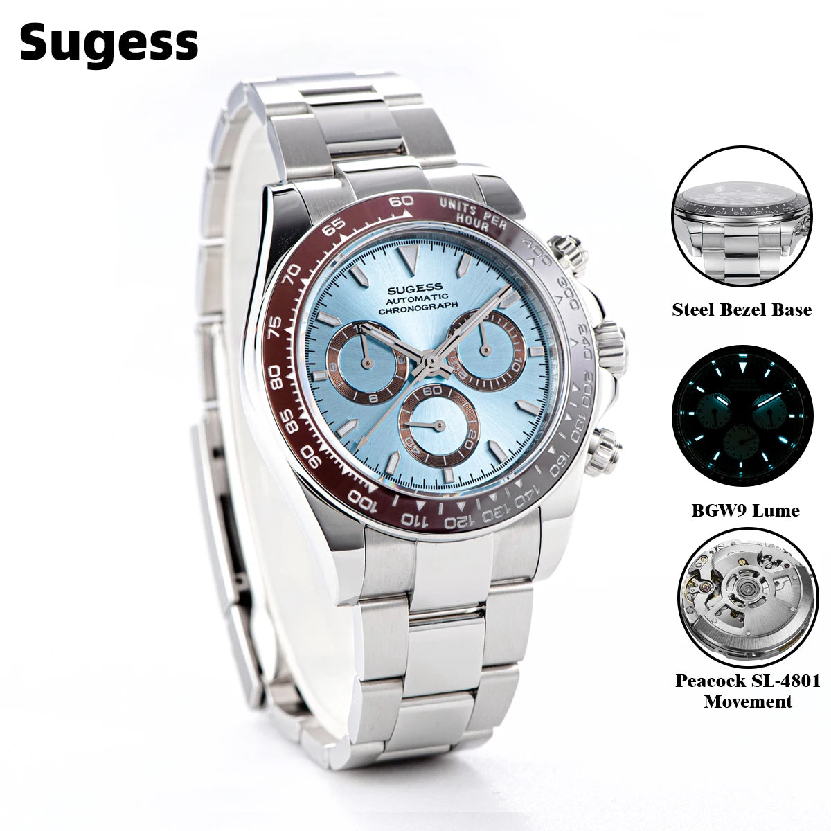 Silver watch with blue face and red accents on a white background, featuring 'Sugess' branding.