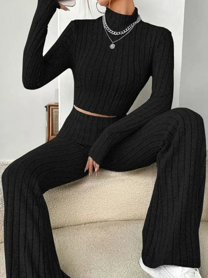 Vexaroa Stand Collar Crop Top & Trumpet Pants 2-Piece Set