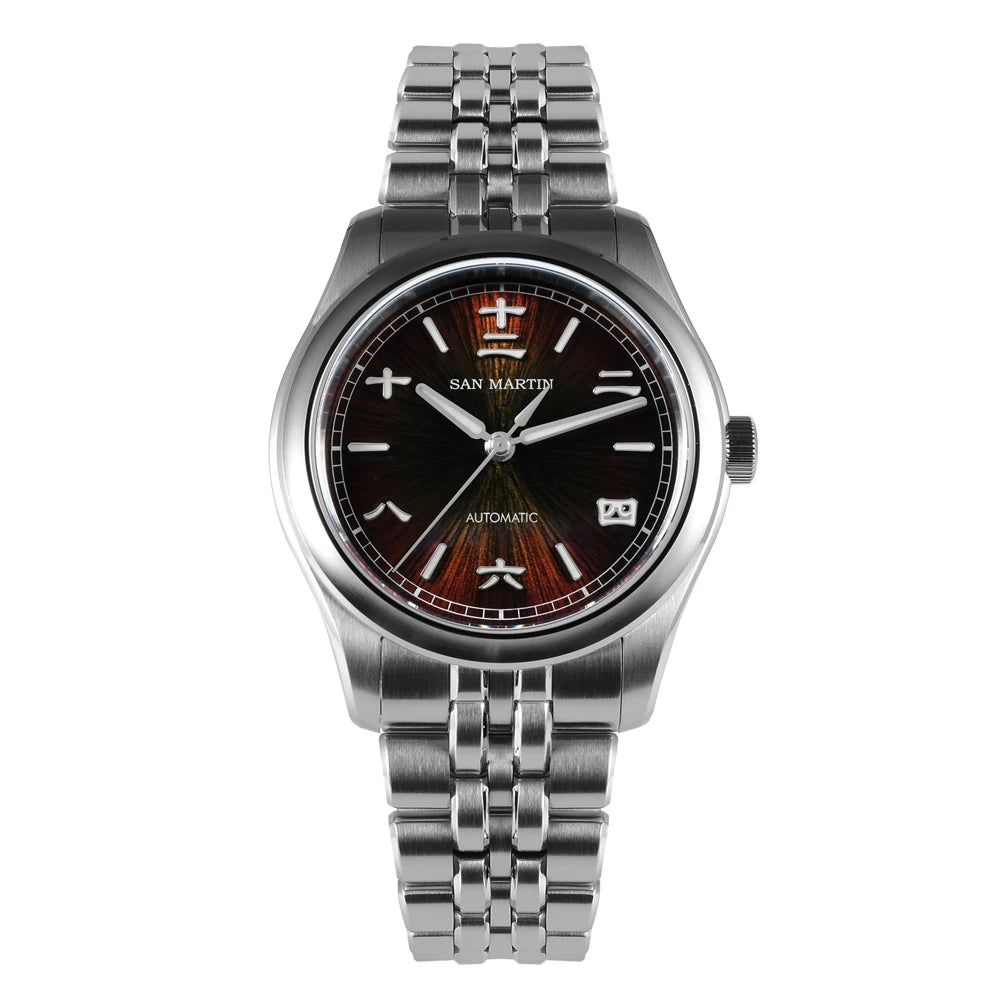Silver watch with a black face on a white background