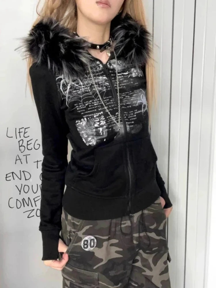 Y2K European and American spice girls fur collar rhinestones retro autumn and winter female zipper coat slim hooded sweater