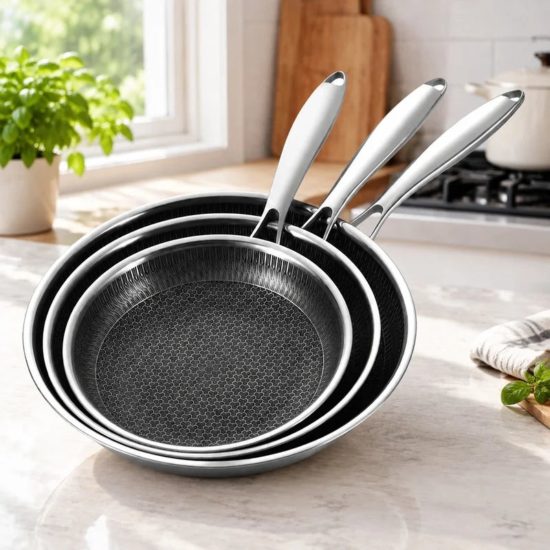 Set of 3 Nonstick Stainless Steel Frying Pans 20/24/28cm Dishwasher-Safe, PFOA-Free Cooking Skillets