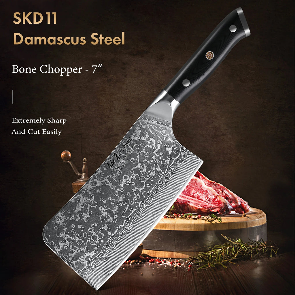 TURWHO 7" Bone Chopper Knife 67 Layers Japanese SKD11 Damascus Steel Sharp Kitchen Cleaver Boning Cutting Meat Knife G10 Handle