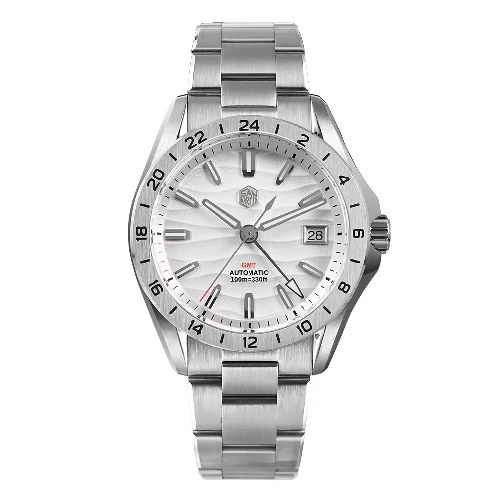 Silver watch with a white face on a white background
