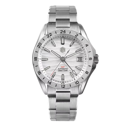 Silver watch with a white face on a white background