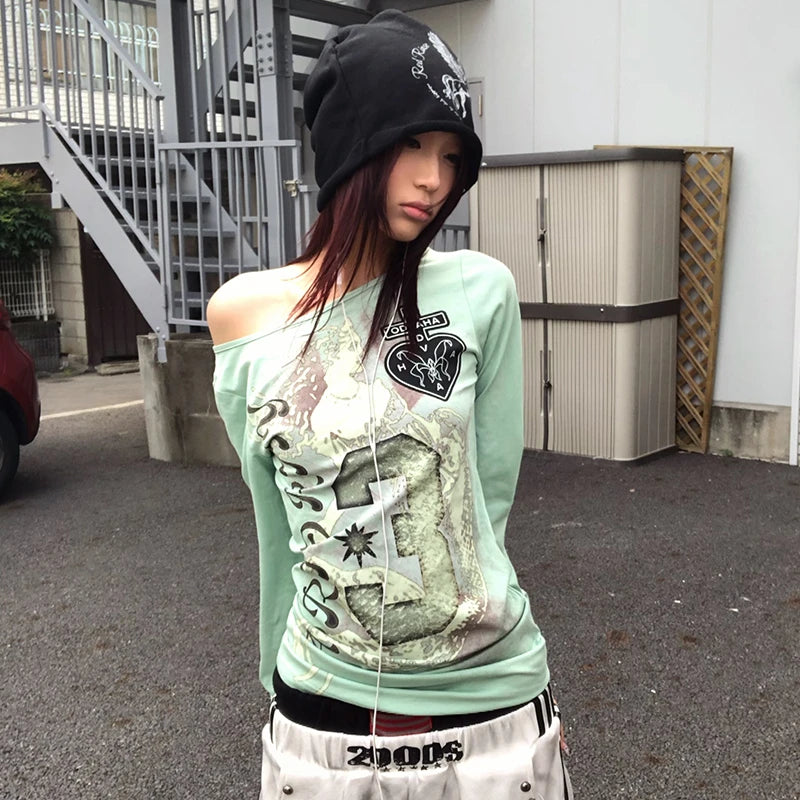Vexaroa Mint Green Y2K Graphic Long Sleeve Tee product photo, view 2
