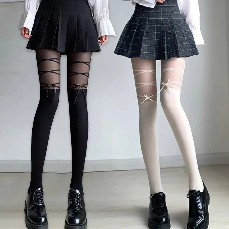 Thin Stockings Women Bowknot Straps  Pantyhose Long Tights Socks Black White Sexy Lingeries for Woman