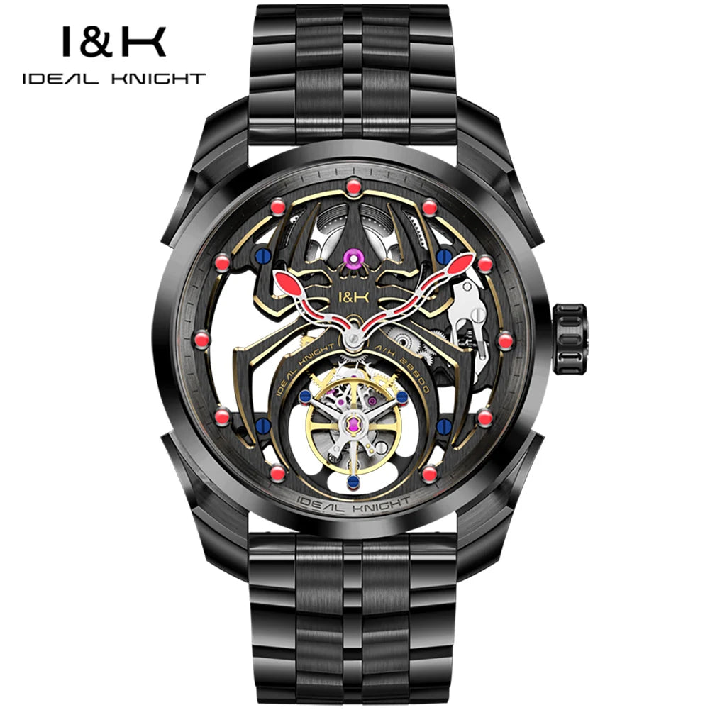 IDEAL KNIGHT Real Tourbillon Men's Watches High-Grade Fully Hollowed Spider Pattern Cool Dial Top Luxury Mechanical Watches 6802