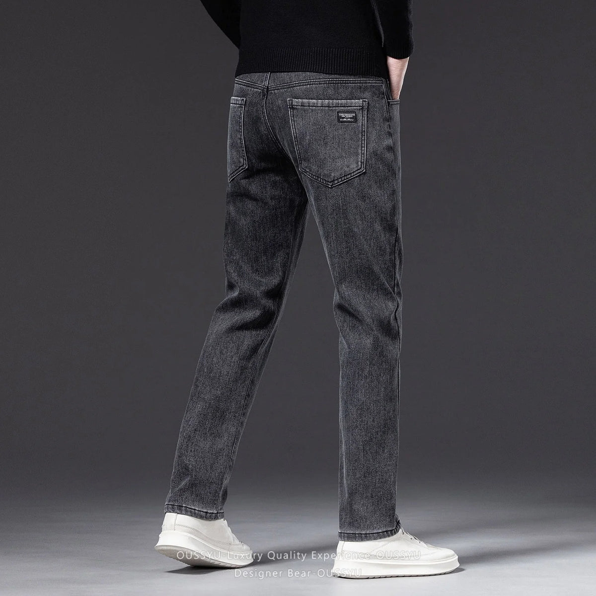 2027 Winter Warm Fleece Men's Jeans Gray Black Cotton Slim Elastic Business Denim Pants Thicked Trousers Male Skinny Streetwear