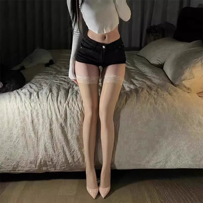Extra Long Stockings Lace Top Horse Oil Thigh High Stockings Stay Up Pole Dance Clubwear Sexy Lingerie Ladies Silicone Medias
