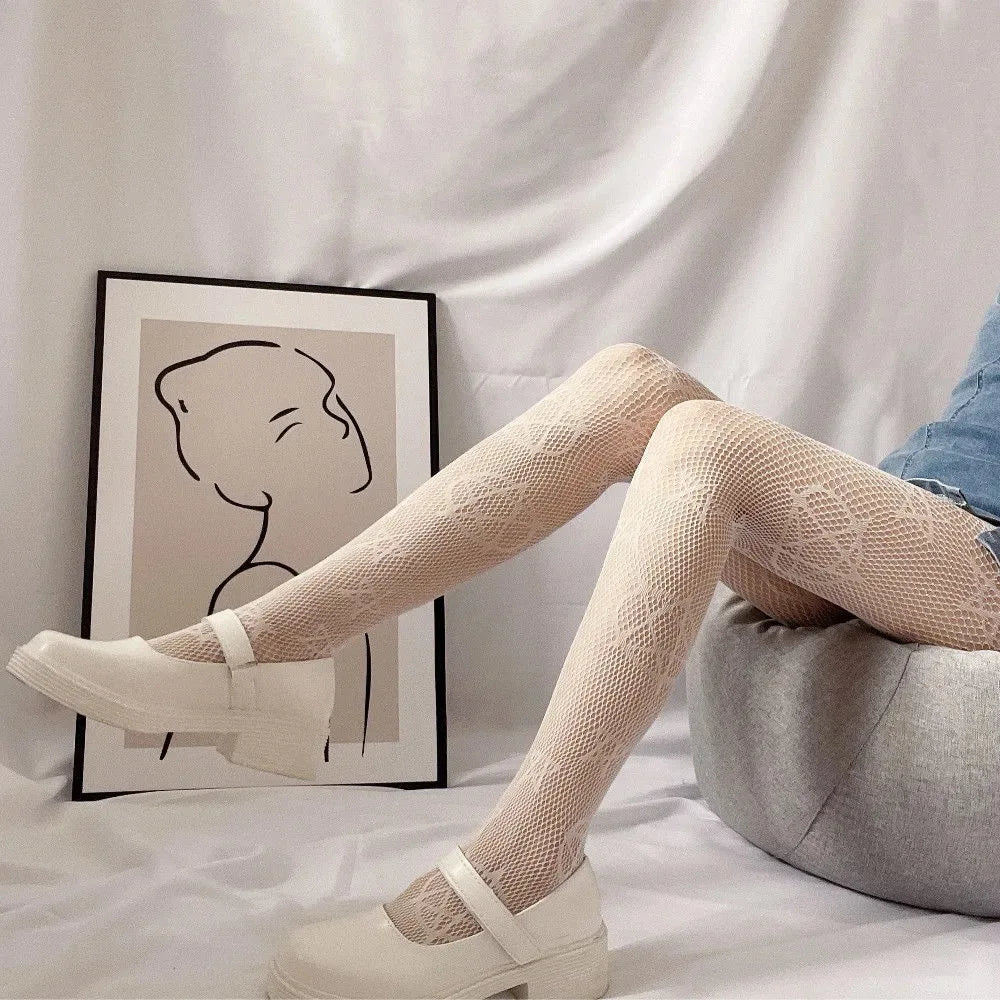 White Stocking Hot Tights Classic Hollowed Out Lace Mesh Stockings Bottomed Pantyhose