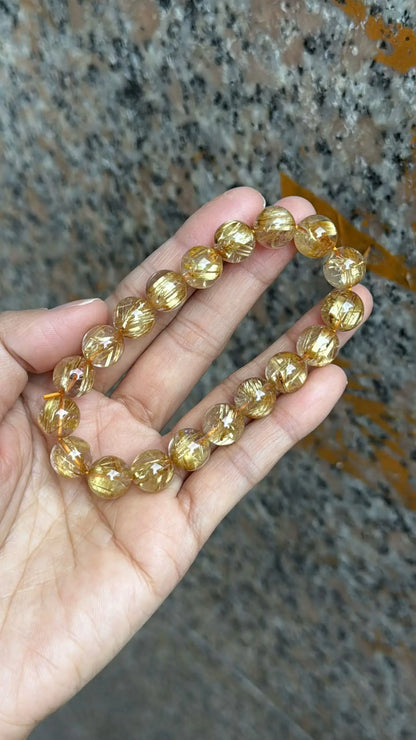 Natural Gold Rutilated Quartz Bead Bracelet 10.6mm, Unisex | Vexaroa