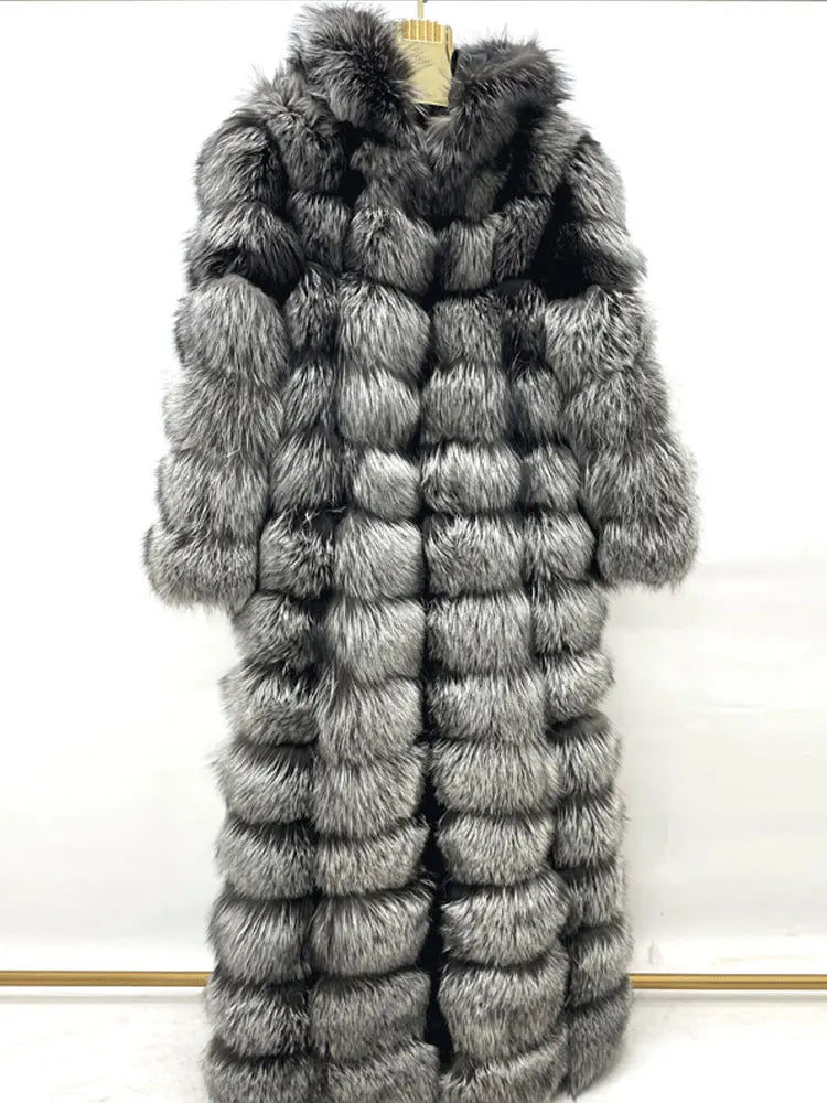 Women's Real Fox Fur Hooded Overcoat | Thick Natural Fur Winter Coat | Vexaroa