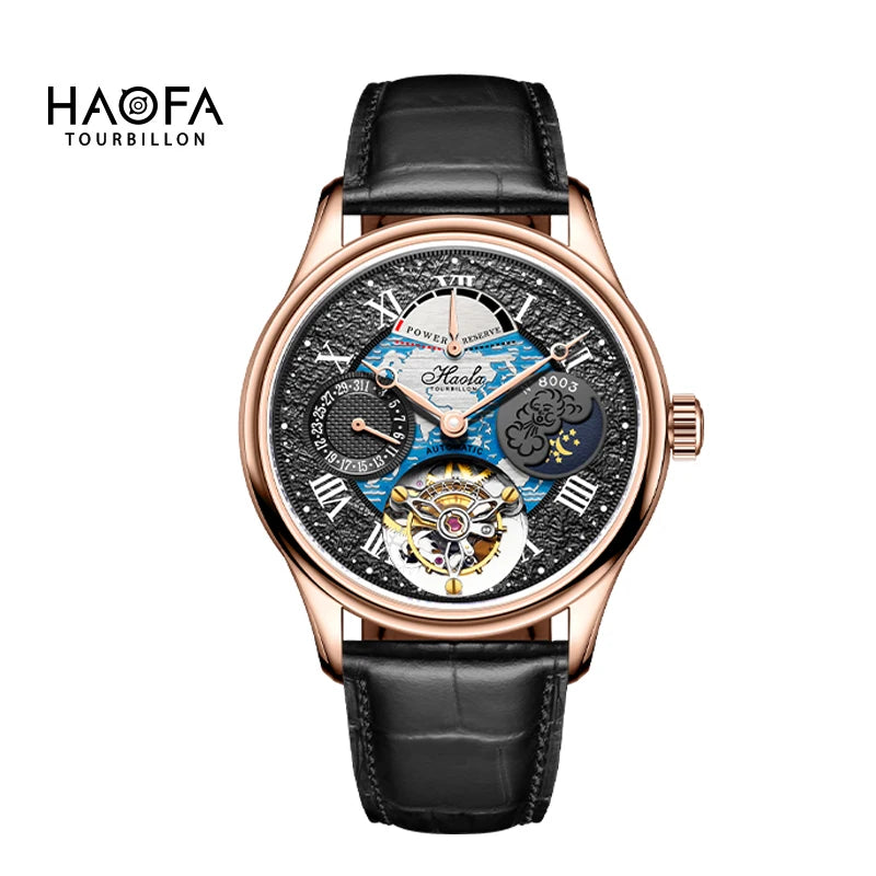 HAOFA Tourbillon men's watch featuring a rose gold case, black leather strap, and a highly detailed skeleton dial with a blue and white landscape design, set against a plain white background.