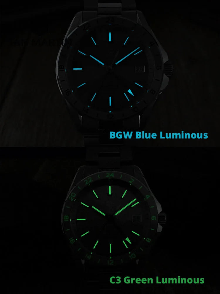 Two watches showing blue and green luminescent features against a dark background.