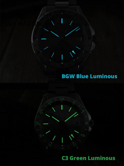 Two watches showing blue and green luminescent features against a dark background.