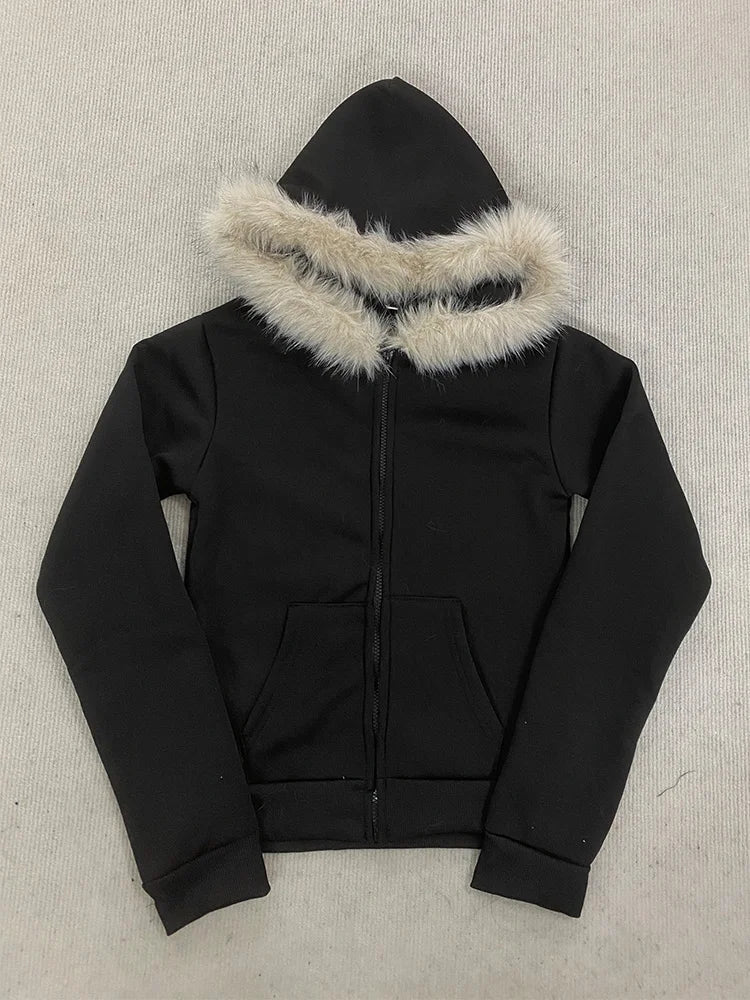 Vexaroa Women's Gothic Zip Hoodie with Fur-Trim Collar