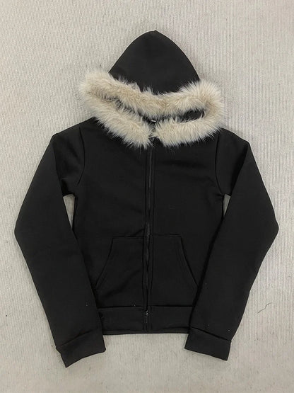 Y2K Harajuku Gothic Women's Hoodie Sexy Slim Chic Suede Fur Collar Letter Print Cardigan Sweatshirt  Female Streetwear