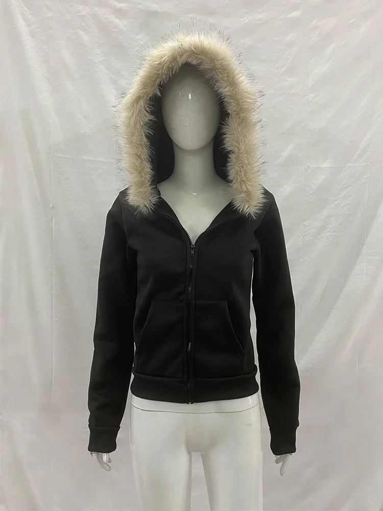 Y2K Harajuku Gothic Women's Hoodie Sexy Slim Chic Suede Fur Collar Letter Print Cardigan Sweatshirt  Female Streetwear