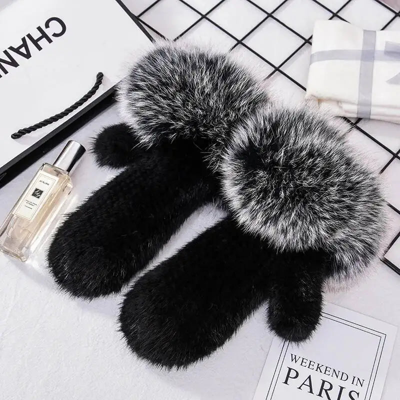 Women's Real Mink Fur Gloves Fox Fur Cuffs Winter | Vexaro