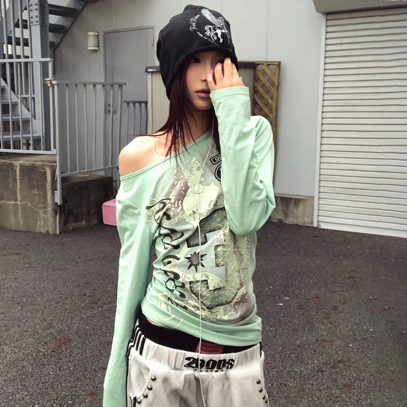 Vexaroa Mint Green Y2K Graphic Long Sleeve Tee product photo, view 3