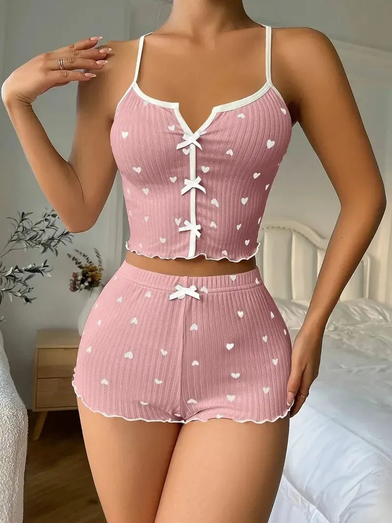 Vexaroa Heart Print Satin Pajama Set | Cami & Shorts