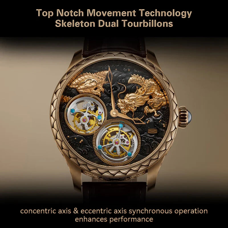 Luxury watch with intricate design and text about movement technology on a dark background