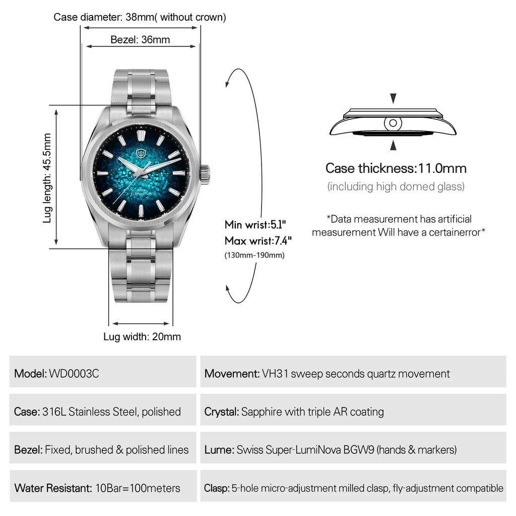 A product specification and measurement diagram for a stainless steel smartwatch, showing the watch outline with labeled dimensions, a side profile with case thickness, and a feature list below on a white background.