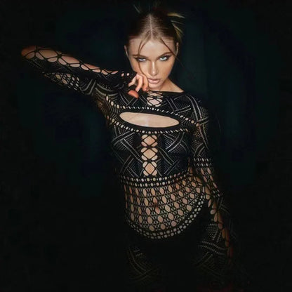 Vexaroa Women's Lace Hollow Jumpsuit Bodycon Long Dress Lingerie