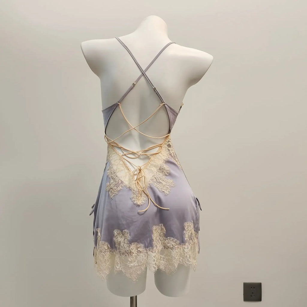 Vexaroa Ice Silk Lace Nightgown – Backless Suspender Pajamas