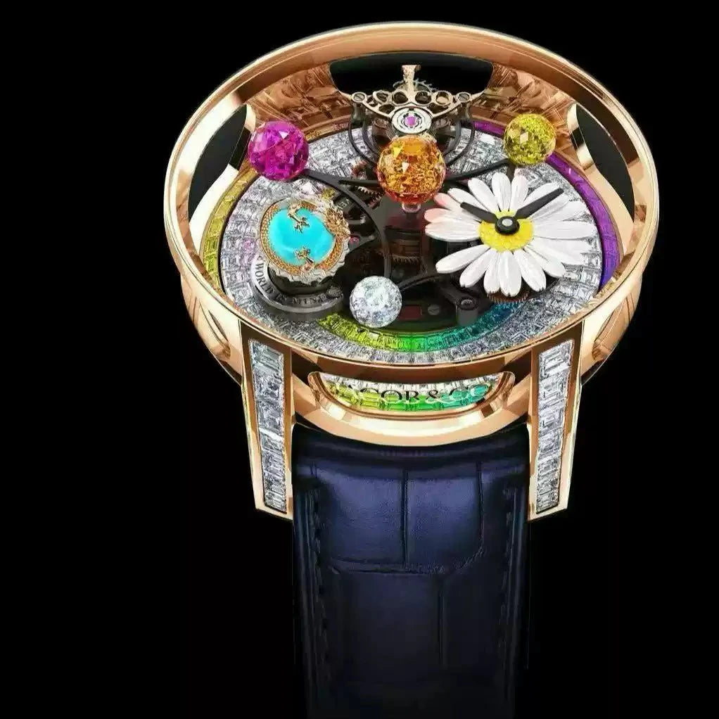 A luxury watch with a rose gold case, featuring a highly detailed, colorful open-heart dial with gemstones, gears, and a daisy flower, paired with a dark blue leather strap, set against a solid black background.